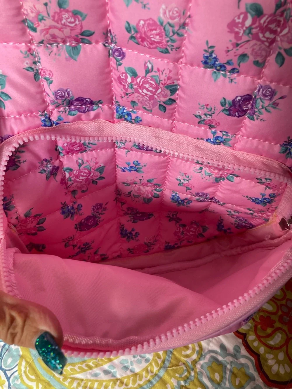 OMG Pink Floral Quilted Kids Backpack with Pom-Pom Charm
